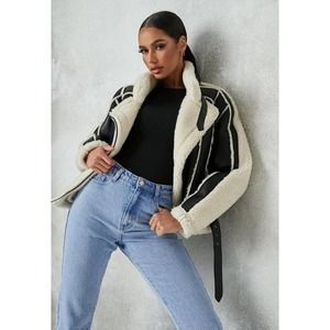 Premium Tall Black Borg Belted Aviator Jacket, Black Size 8